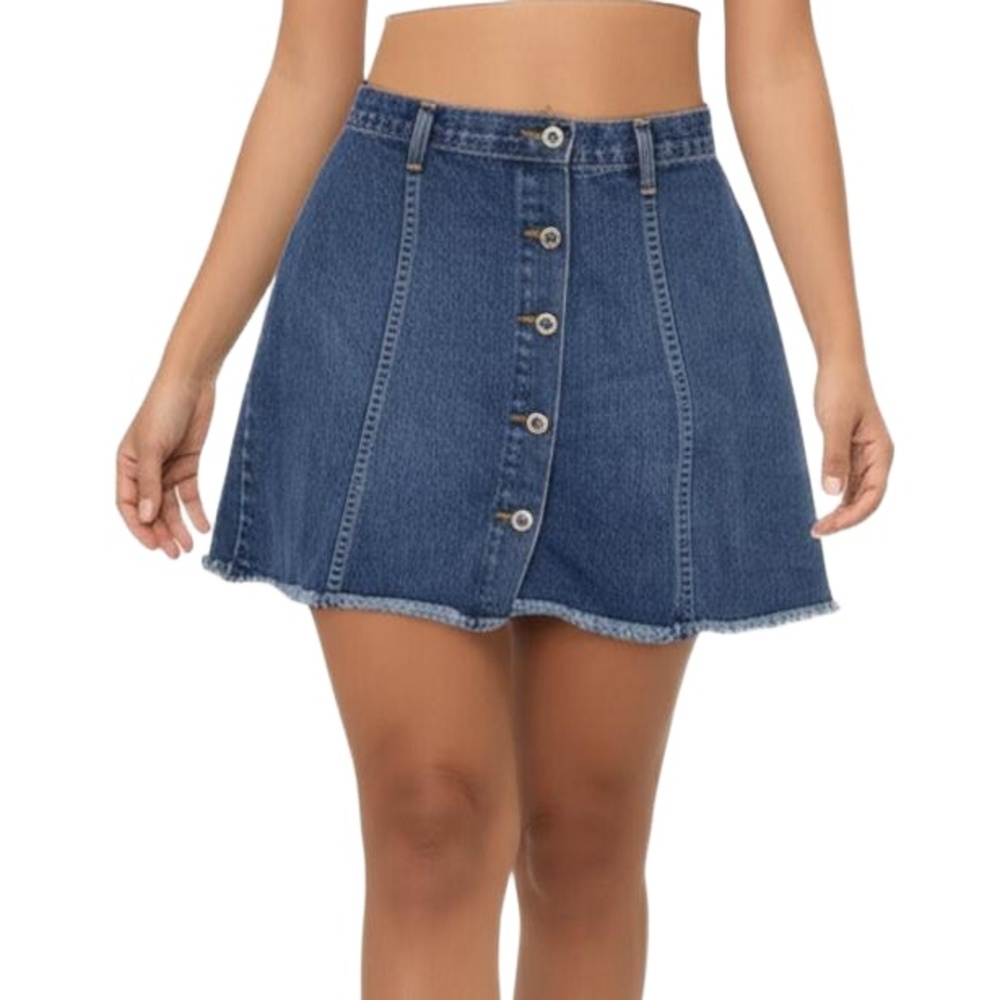 Forever 21 A Line Denim Skirt Blue Above Knee Button Fringe Casual Boho Festival